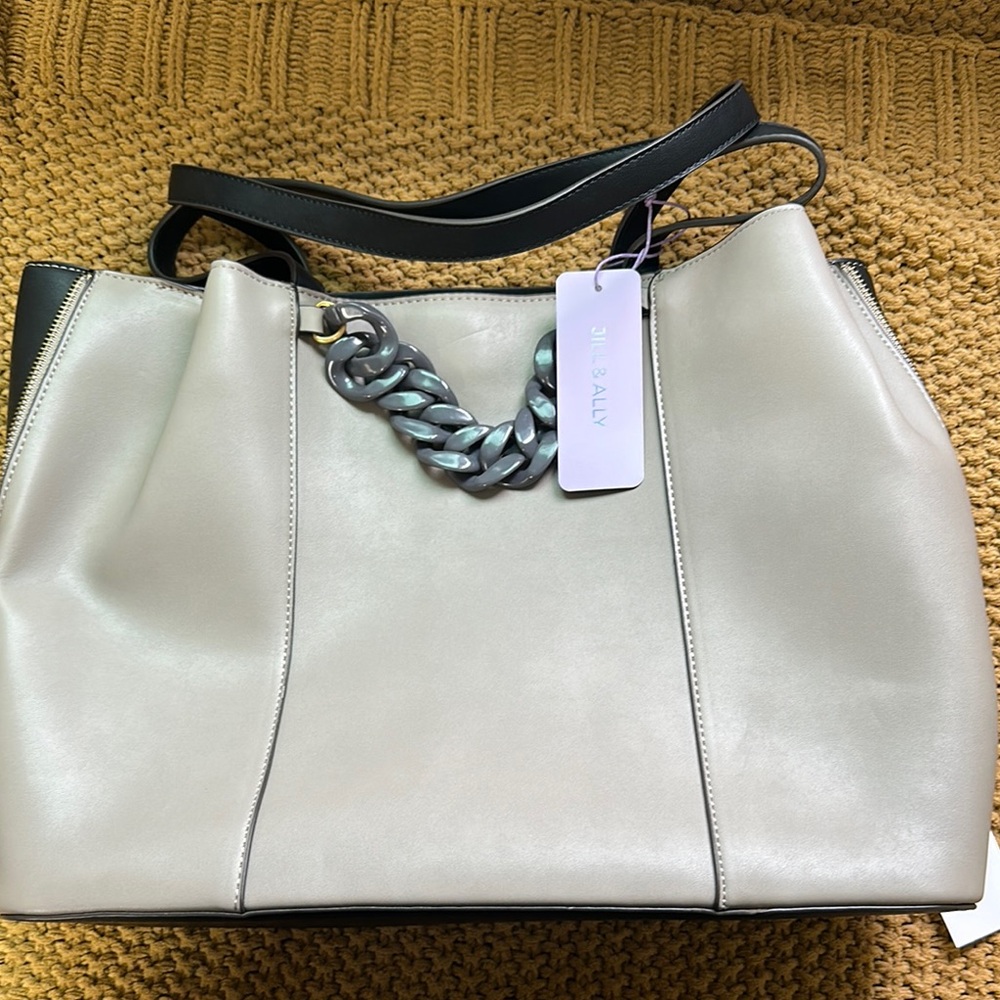 Gray Tote with Chunky Chain Detail and Geometric Design